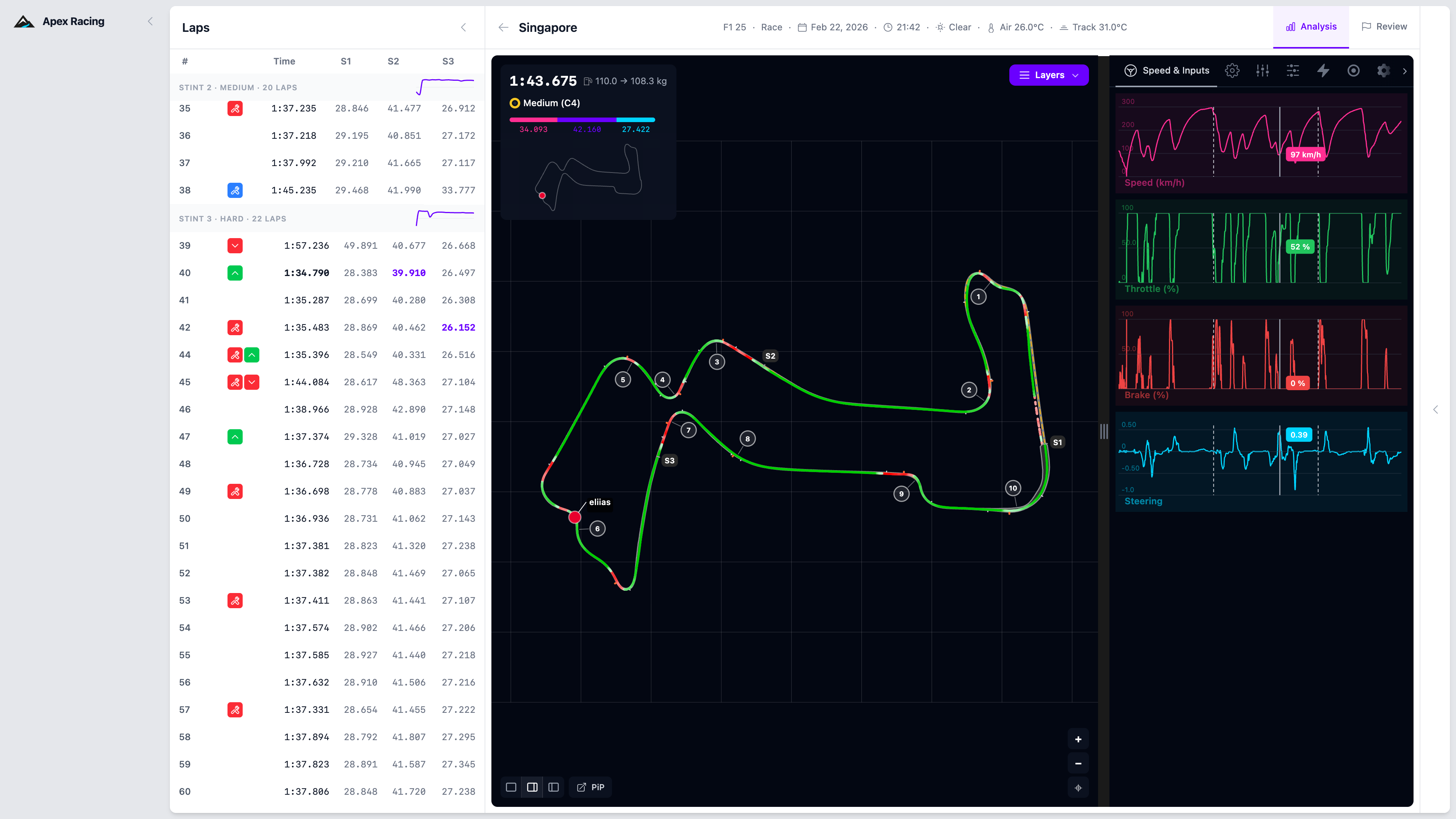 Interactive Singapore track map with speed-colored racing line and corner markers